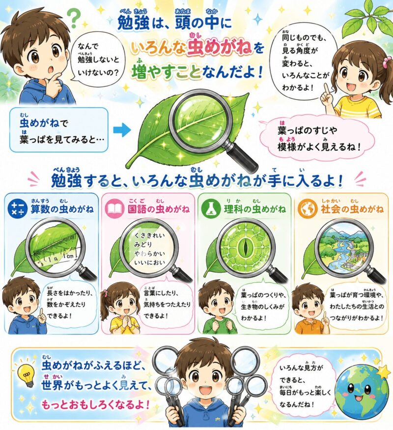 何で勉強しないといけないの?勉強は、頭の中にいろんな虫めがねをふやすこと視覚支援カード