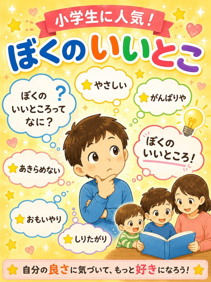 絵本を読んでぼくのいいとこが浮かんできている少年
