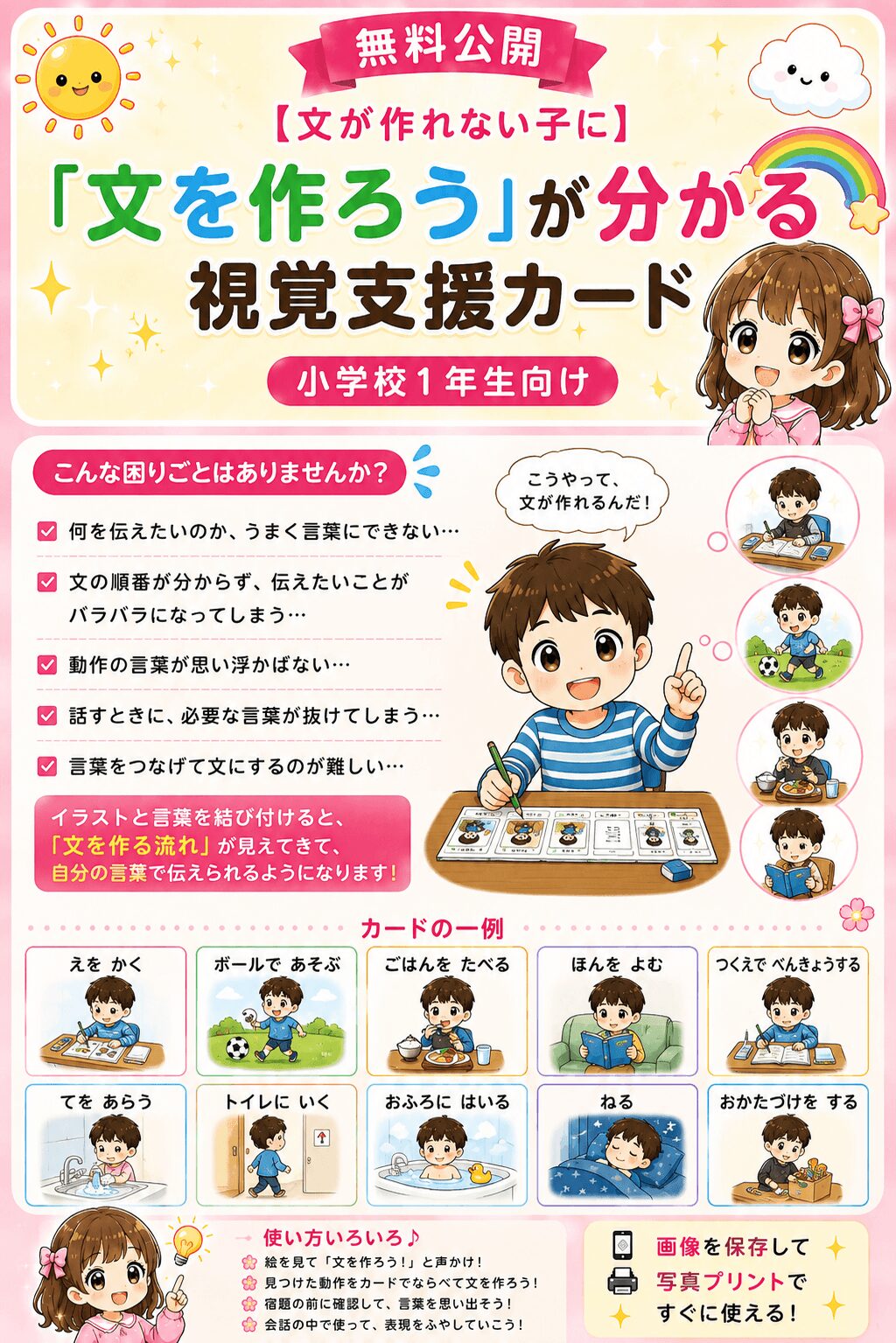 文を作ろう視覚支援カード。〇〇は〇〇を〇〇