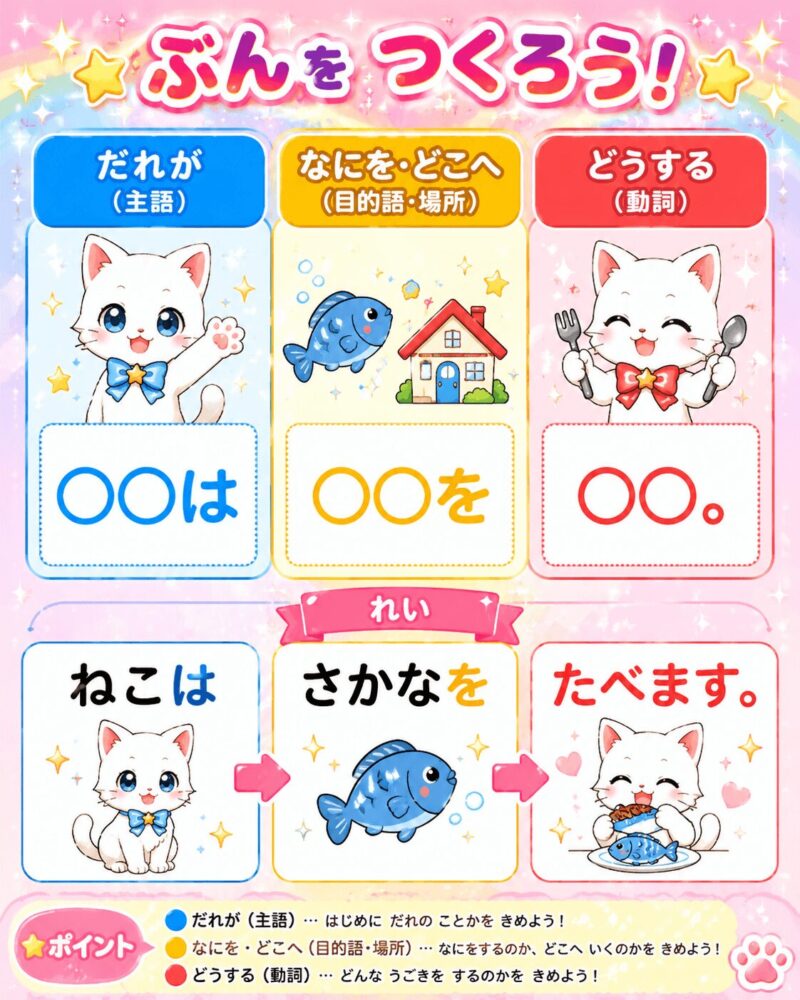 文を作ろう。だれが何をどうする視覚支援カード。