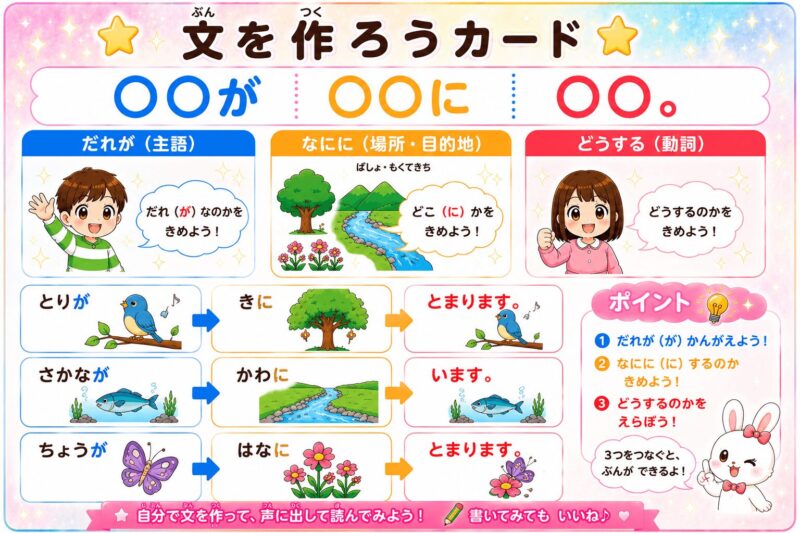 文を作ろう。視覚支援カード。〇〇が〇〇に〇〇。