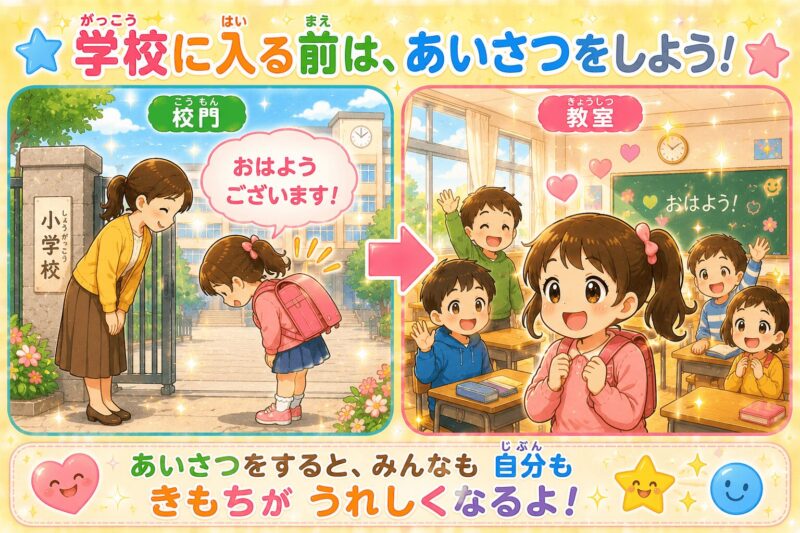 学校に入る前は挨拶をしよう視覚支援カード（女の子）
