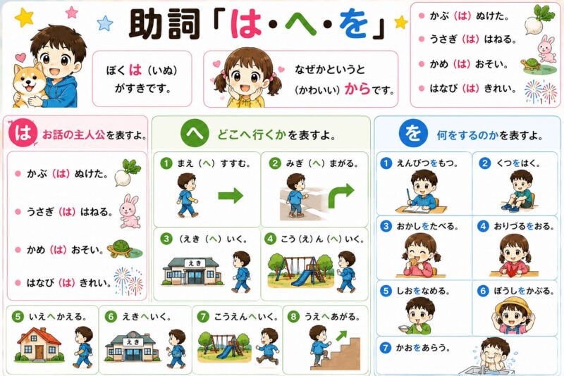 助詞「は・へ・を」の例文で覚えよう