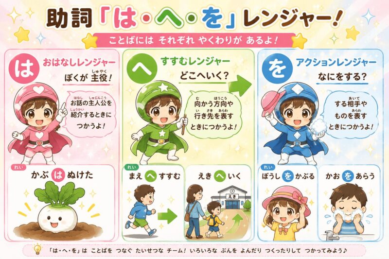 「は・へ・を」助詞が身につく視覚支援カード｜小学校1年生向け、レンジャー