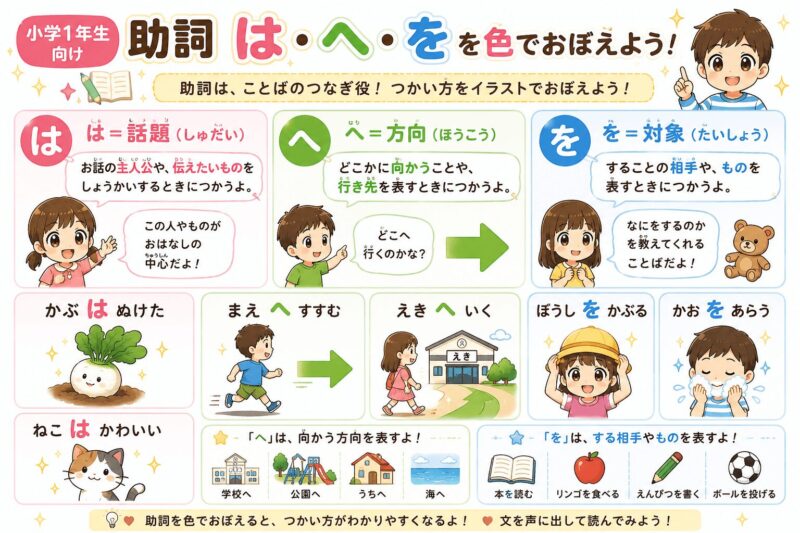 「は・へ・を」助詞が身につく視覚支援カード｜小学校1年生向け、色でおぼえよう