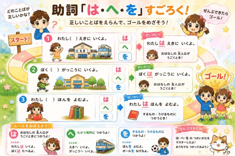 「は・へ・を」助詞が身につく視覚支援カード｜小学校1年生向け