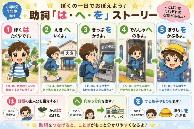 「は・へ・を」助詞が身につく視覚支援カード｜小学校1年生向け、ぼくの１日ストーリー性