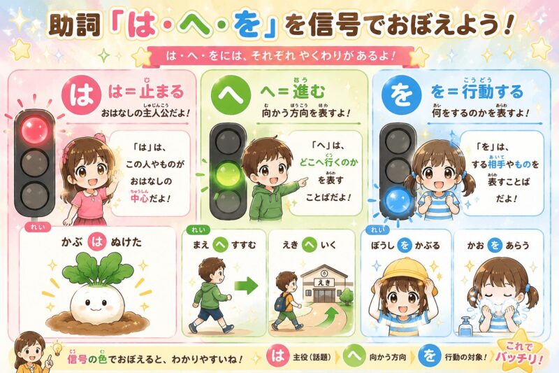 「は・へ・を」助詞が身につく視覚支援カード｜小学校1年生向け、信号で覚えよう