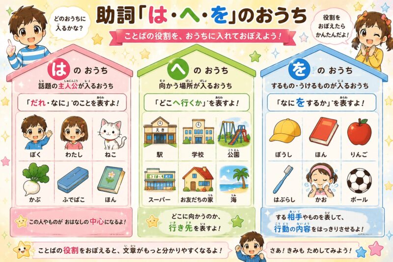 「は・へ・を」助詞が身につく視覚支援カード｜小学校1年生向け、言葉の役割