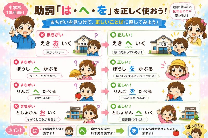 「は・へ・を」助詞が身につく視覚支援カード｜小学校1年生向け、正しく使おう