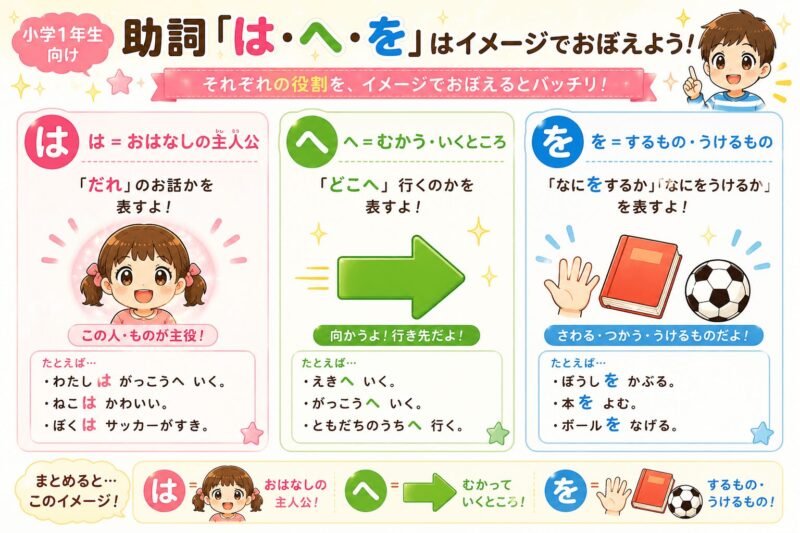 「は・へ・を」助詞が身につく視覚支援カード｜小学校1年生向け、イメージでおぼえよう。