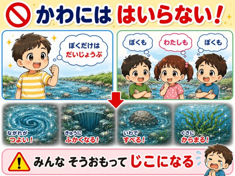 川に入っても、僕なら大丈夫、私なら大丈夫って思わないで。視覚支援