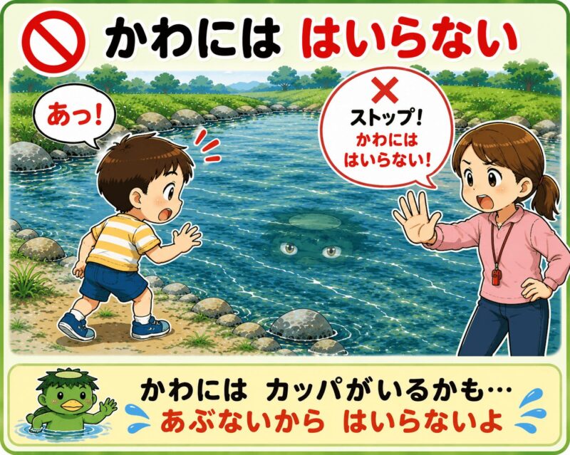 カッパに足を引っ張られる 視覚支援