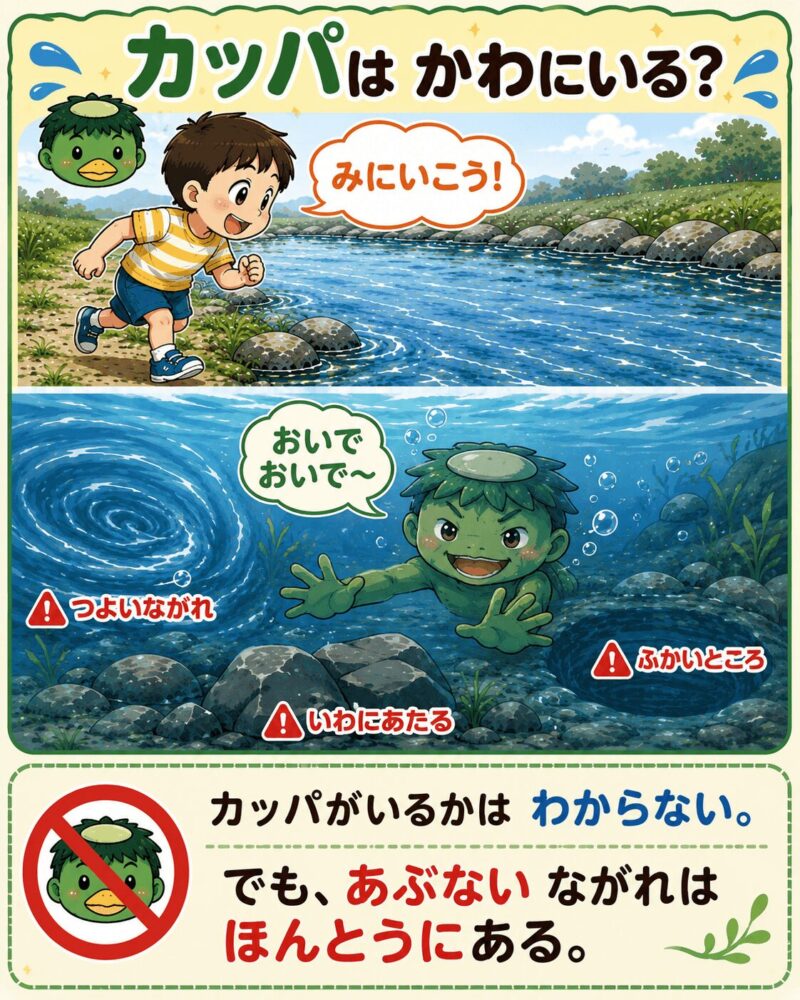 カッパに足を引っ張られる 視覚支援