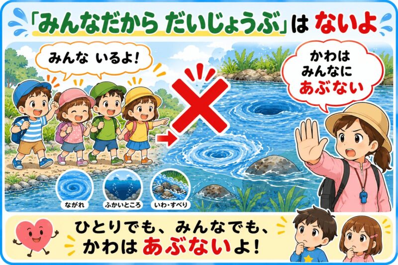 ひとりでも皆でも、川は危険 視覚支援