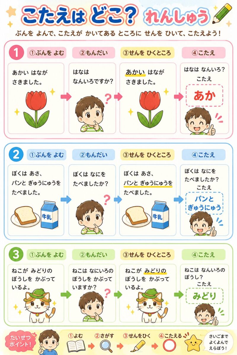「こたえはどこ？」3問の練習問題視覚支援カード