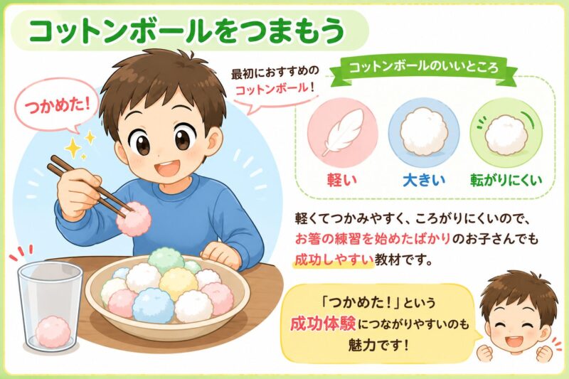 コットンボールをお箸でつまもう