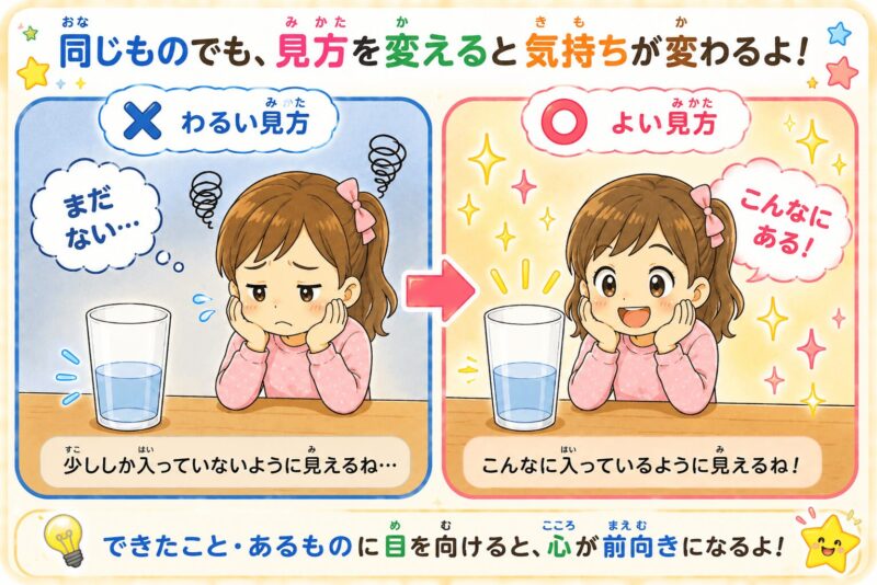 同じものでも見方を変えると気持ちが変わる(コップの水)視覚支援カード(女の子)