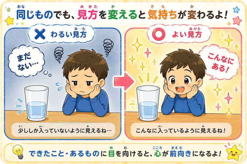 同じものでも見方を変えると気持ちが変わる(コップの水)視覚支援カード(男の子)