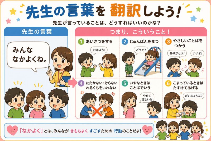 先生の言葉「なかよく」を翻訳しよう!視覚支援カード
