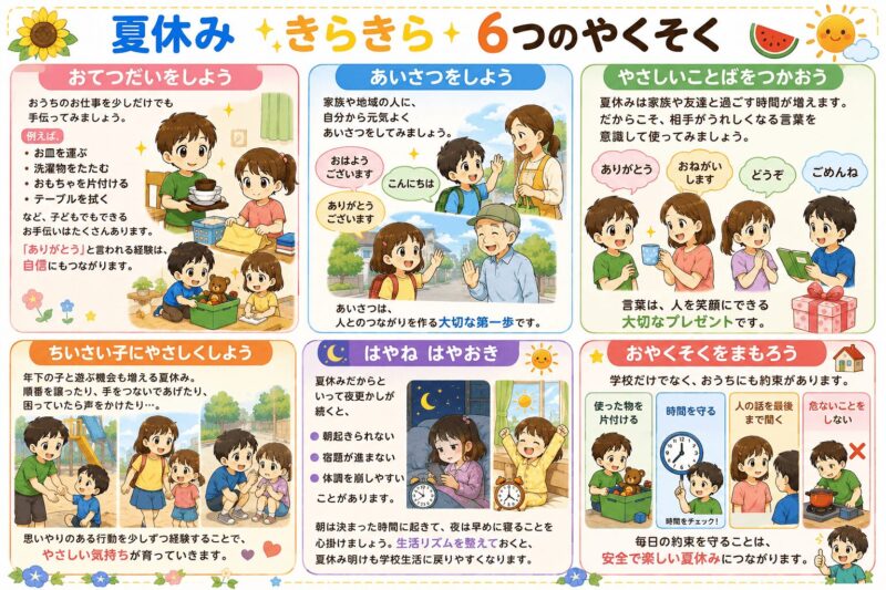 夏休みきらきら6つのお約束視覚支援カード