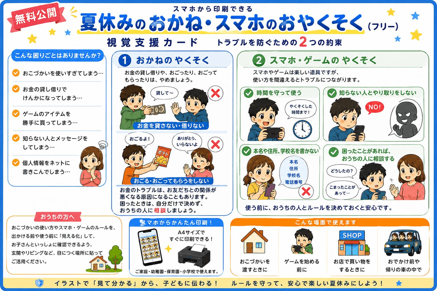 夏休みのお金・スマホ・ゲームのお約束視覚支援カード