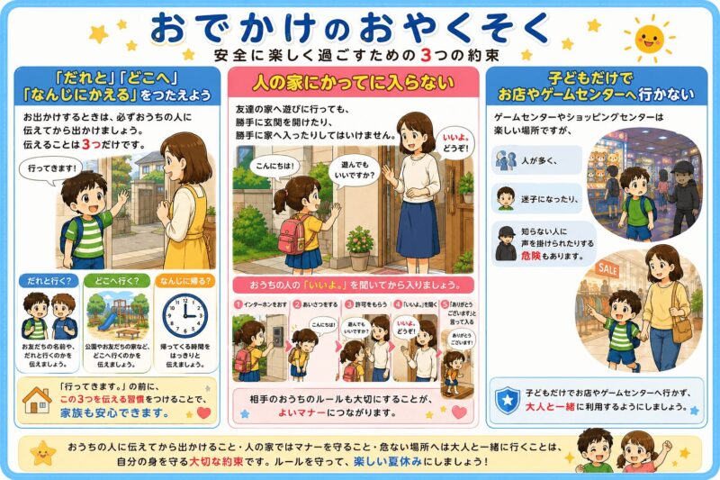 おでかけのおやくそく(だれと・どこへ・なんじにかえる)、人の家に勝手に入らない、子供だけでお店やゲームセンターへ行かない視覚支援カード