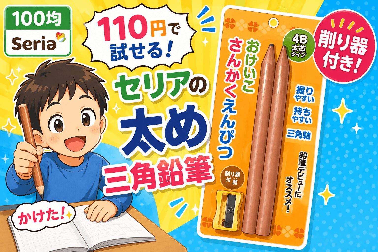 セリア　おけいこさんかくえんぴつ