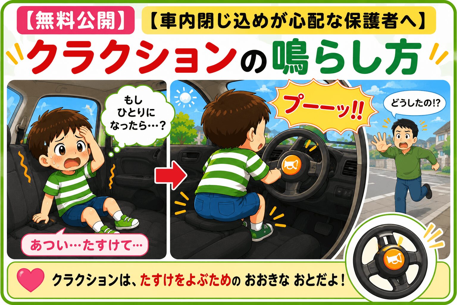 車内閉じ込めから命を守るクラクションの鳴らし方　視覚支援カード