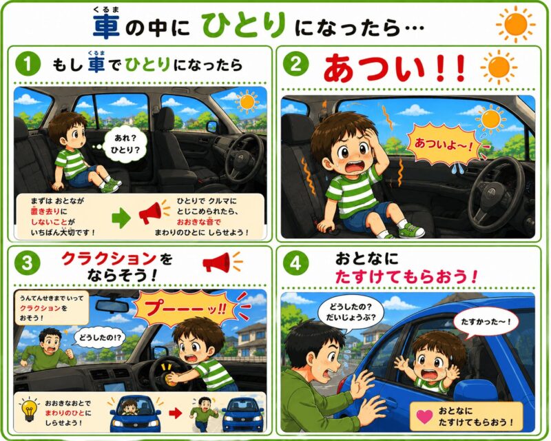 車内閉じ込め クラクション 4コマ視覚支援カード(男の子)