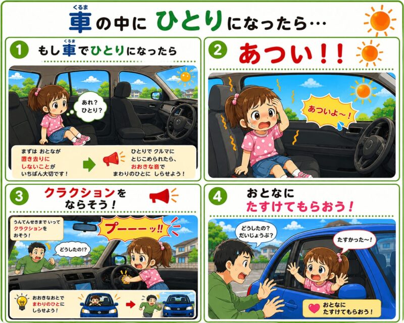 車内閉じ込め クラクション 4コマ視覚支援カード(女の子)