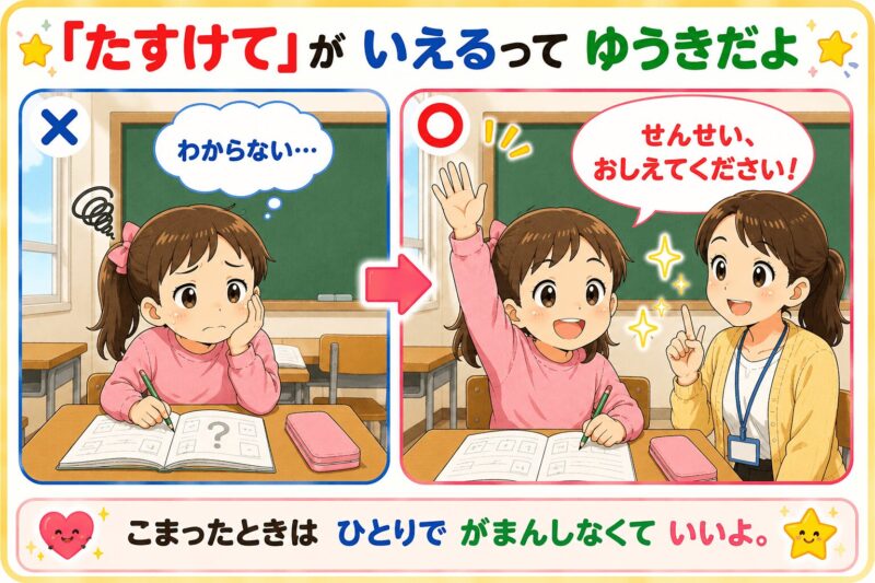 たすけてがいえるってゆうきだよ。先生教えてください。視覚支援カード（女の子）