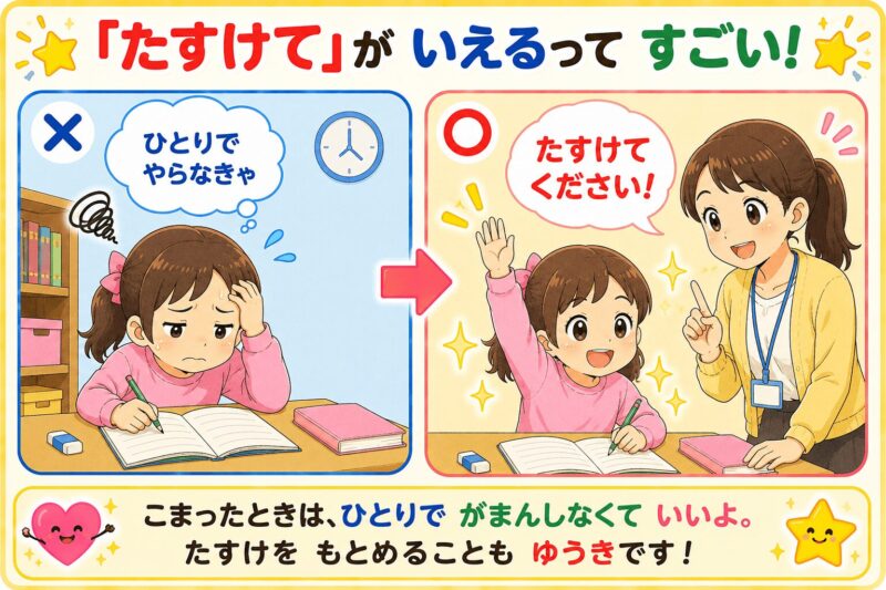 たすけてがいえるってすごい。視覚支援カード（女の子）