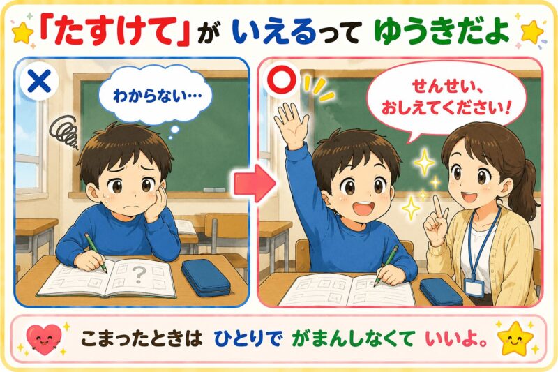 たすけてがいえるってゆうきだよ。先生教えてください。視覚支援カード（男の子）