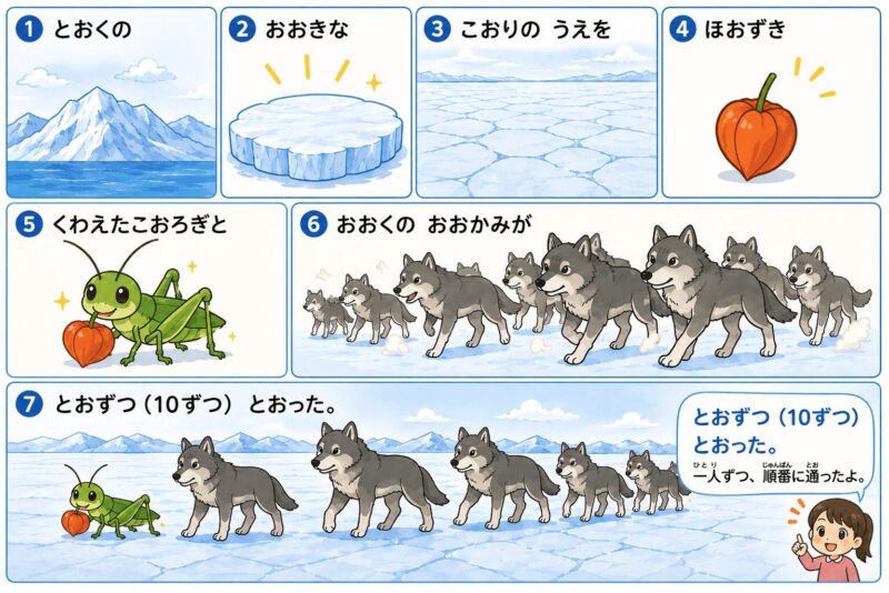 とおくのおおきなこおりのうえをほおずきくわえたこおろぎとおおくのおおかみがとおずつとおった。(部分的に区切って)