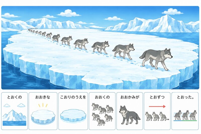 とおくの おおきな こおりの うえを おおくの おおかみが とおずつ とおった。(全体像)