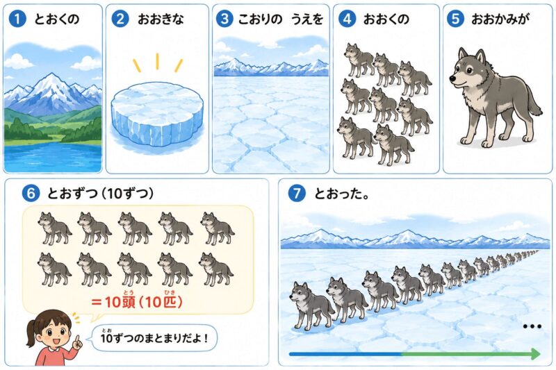 とおくのおおきなこおりのうえをおおくのおおかみがとおずつとおった。(部分的に区切って)