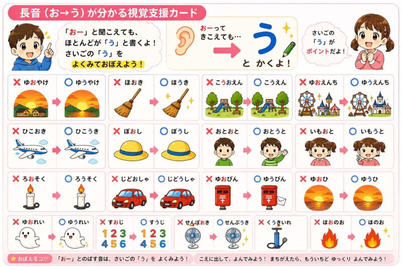 長音（お⇒う）と伸ばす言葉　視覚支援カード　〇×形式