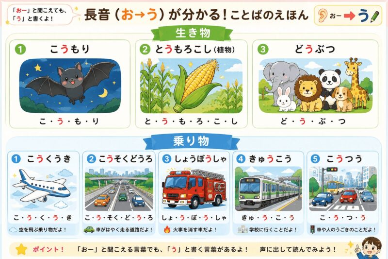 長音（お⇒う）伸ばす音　生き物・乗り物編　視覚支援カード