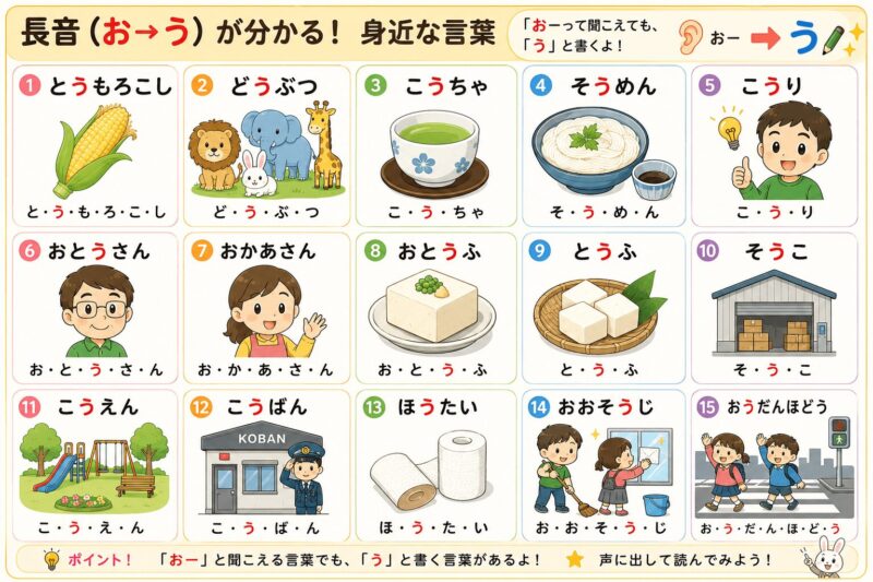 長音（お⇒う）伸ばす音　身近な言葉編　視覚支援カード