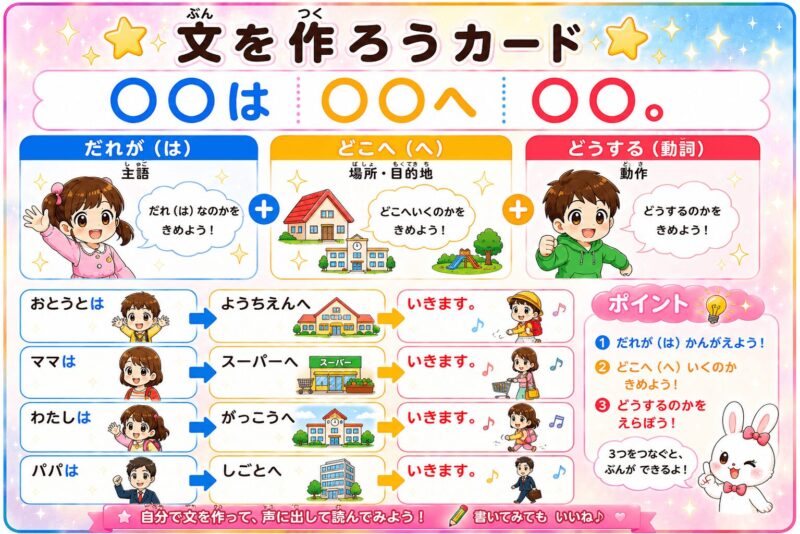 文を作ろう。視覚支援カード。〇〇は〇〇へ〇〇。