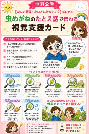 何で勉強しないといけないの？虫眼鏡のたとえ話視覚支援カード