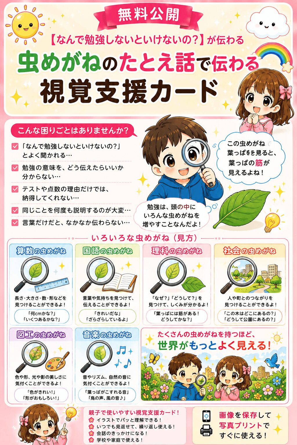 何で勉強しないといけないの？虫眼鏡のたとえ話視覚支援カード