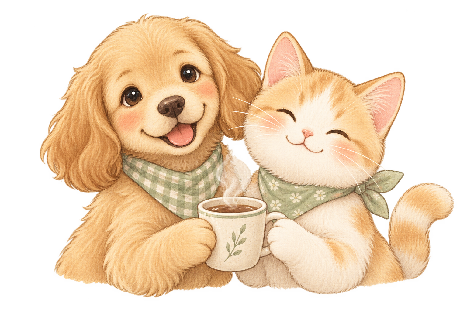 犬と猫が温かいカップを持ってひとやすみしているイラスト