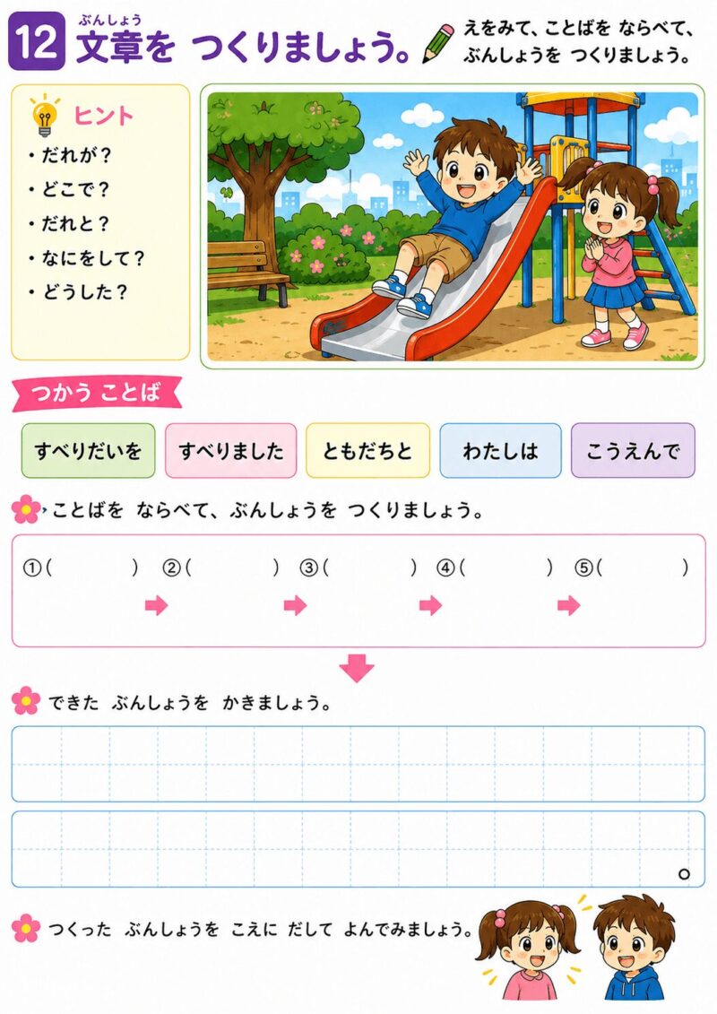 小学1年生 夏休み総復習プリント⑫文章をつくりましょう