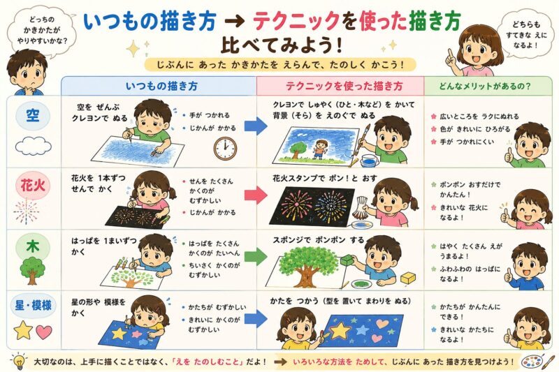 いつもの描き方とテクニックを使った描きかを比べよう視覚支援