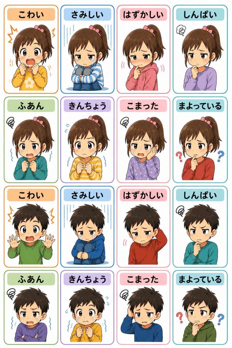 小学生向け感情カード・不安や困りごとの気持ち8種類