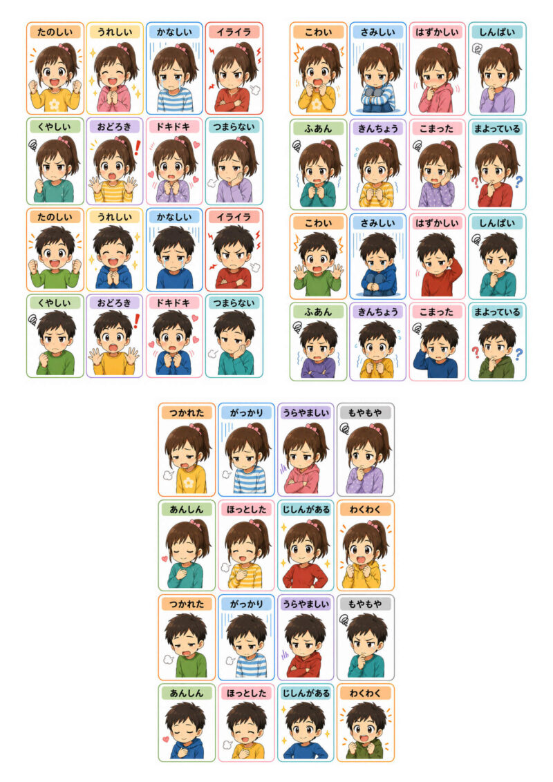 小学生向け感情カード24種類の女の子版と男の子版