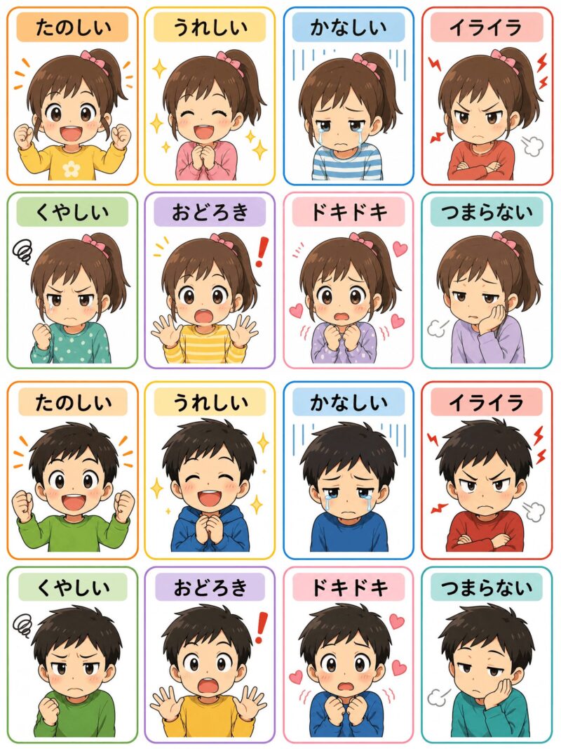 幼児向け感情カード8種類の女の子版と男の子版