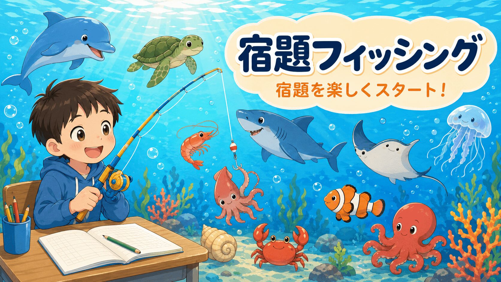 宿題を楽しく始める無料ツール「宿題フィッシング」で海の生き物を釣る子ども